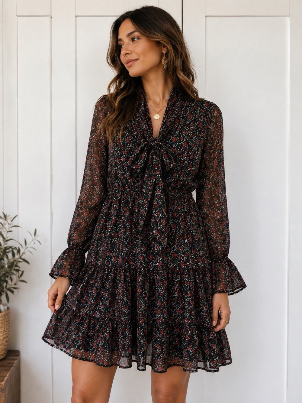 Zara Basic Floral Tie Neck Mini Dress Black Red Long Sleeve XL Boho Romantic